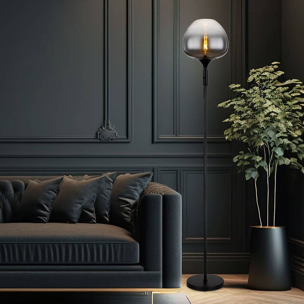 Stehlampe Stehleuchte Beistelllampe Standleuchte Wohnzimmerlampe, Metall schwarz Glas Rauchfarben, 1x E27 Fassung, DxH 29x165cm