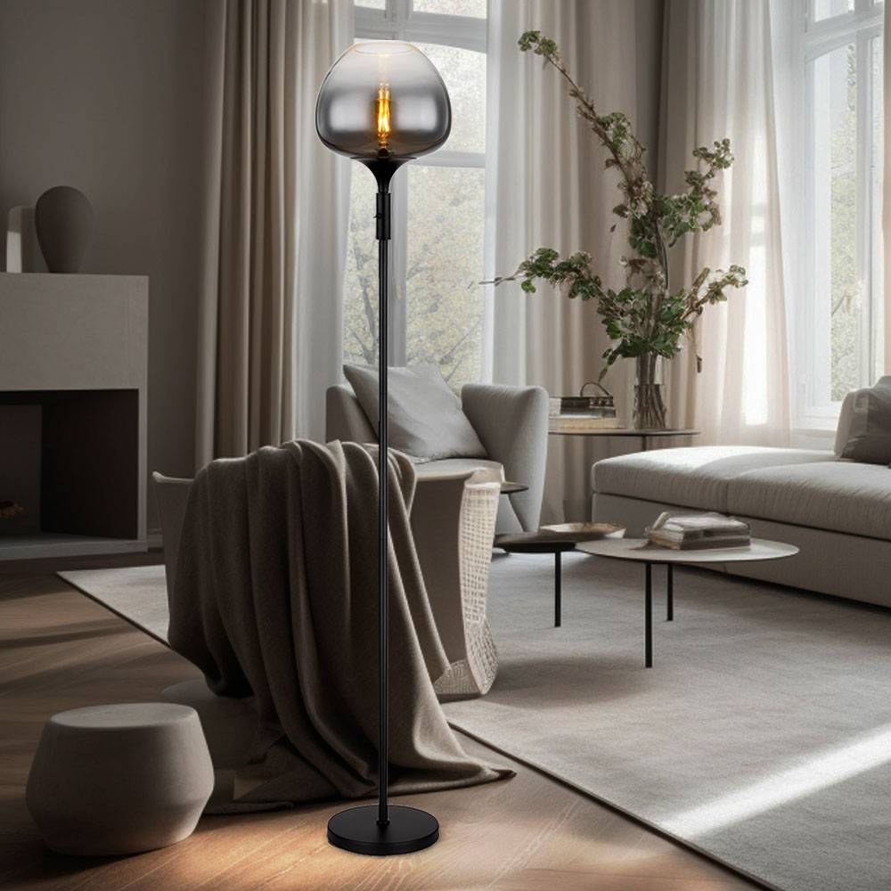 Stehlampe Stehleuchte Beistelllampe Standleuchte Wohnzimmerlampe, Metall schwarz Glas Rauchfarben, 1x E27 Fassung, DxH 29x165cm