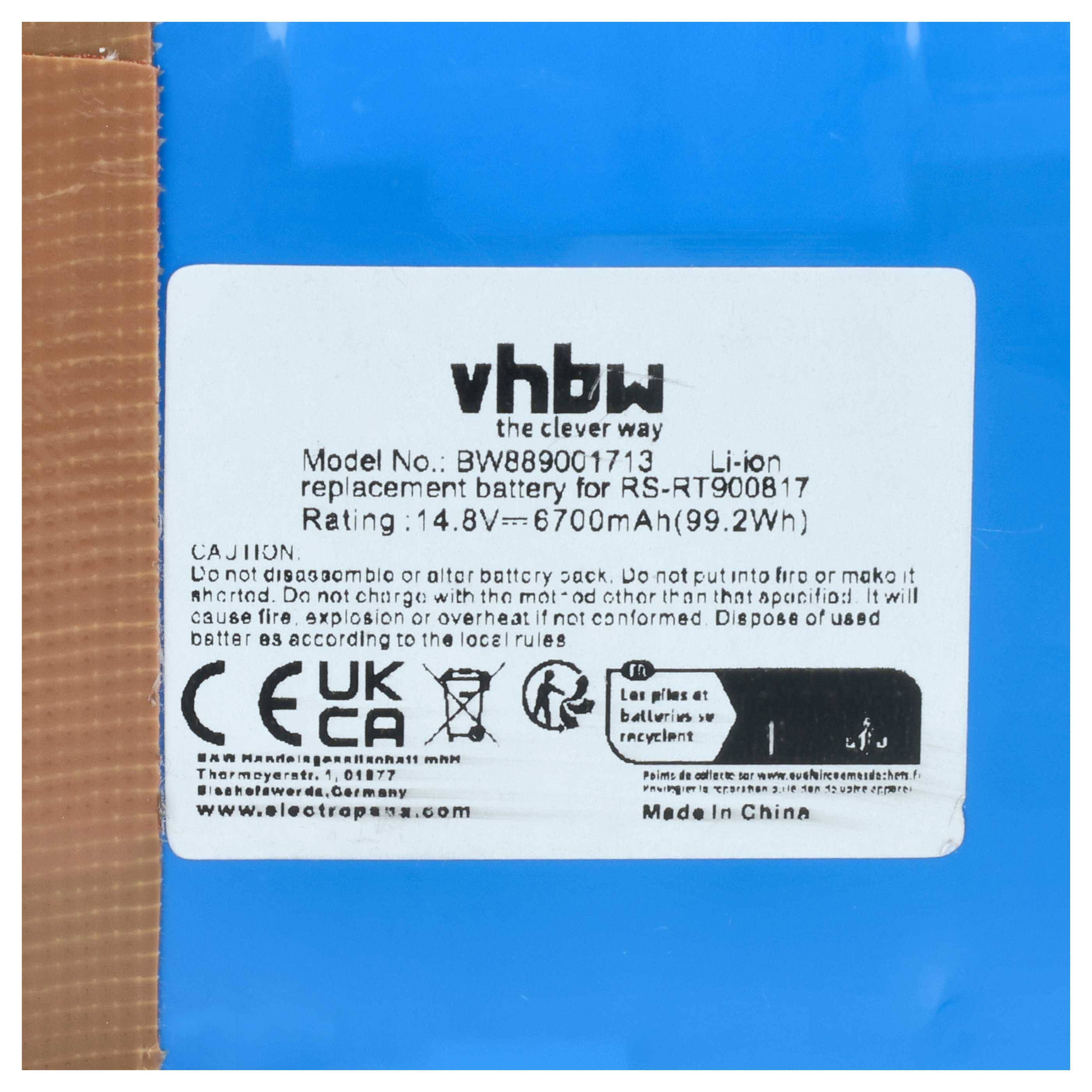 vhbw Akku kompatibel mit Rowenta Smart Force Cyclonic RR8037WH, RR8043, RR8147WH, RR8043WH Saugroboter (6700 mAh, 14,8 V, Li-Ion)