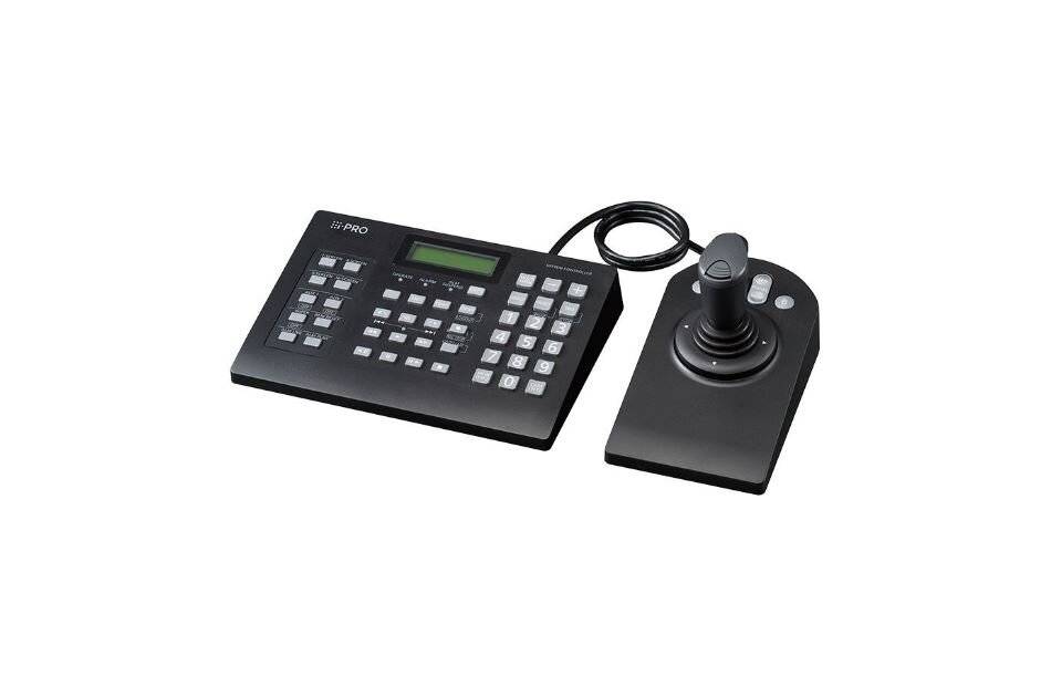 Schwarzer Tastatur-Controller mit vielen Tasten, kleinem Display und separatem Joystick, der durch ein Kabel verbunden ist.