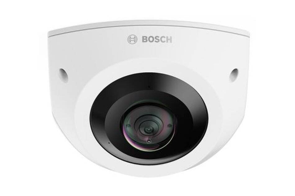 Weiße Bosch-Kuppelsicherheitskamera mit zentralem Objektiv, Vorderansicht auf einfachem Hintergrund.