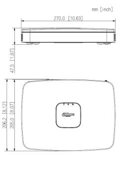 Technische Maßzeichnung eines rechteckigen Geräts mit Draufsicht und Seitenansicht mit Abmessungen von 270,0 mm (10,63 Zoll) Breite, 205,0 mm Höhe und 47,5 mm Dicke.