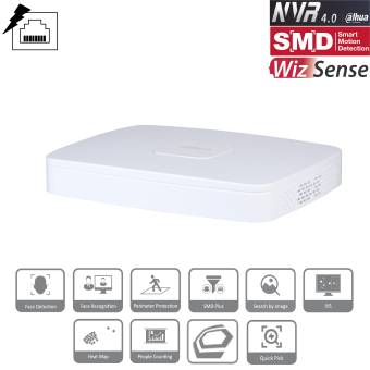 Weißes NVR-Sicherheitsaufzeichnungsgerät mit den Markenbezeichnungen „NVR 4.0", „SMD"" und „WizSense"", sowie Funktionssymbolen für Gesichtserkennung, Gesichtsidentifikation, Umfangsschutz und mehr.