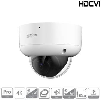 Weiße Dahua HDCVI Dome-Sicherheitskamera mit 4K Pro-Funktionen, dargestellt mit Starlight-, Audio- und 60m IR-Symbolen.
