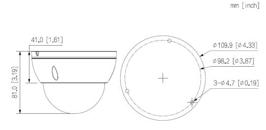 Technische Zeichnung einer runden schüsselförmigen Vorrichtung mit Seiten- und Draufsicht sowie Abmessungen in mm und Zoll; Durchmesser 109,9 mm, Höhe 81,0 mm.