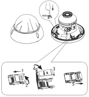 Diagramm eines Rauchmelders mit Anleitung zum Entfernen der Abdeckung und Zurücksetzen des Batteriefachs durch Schieben und Drehen des Batteriehalters.