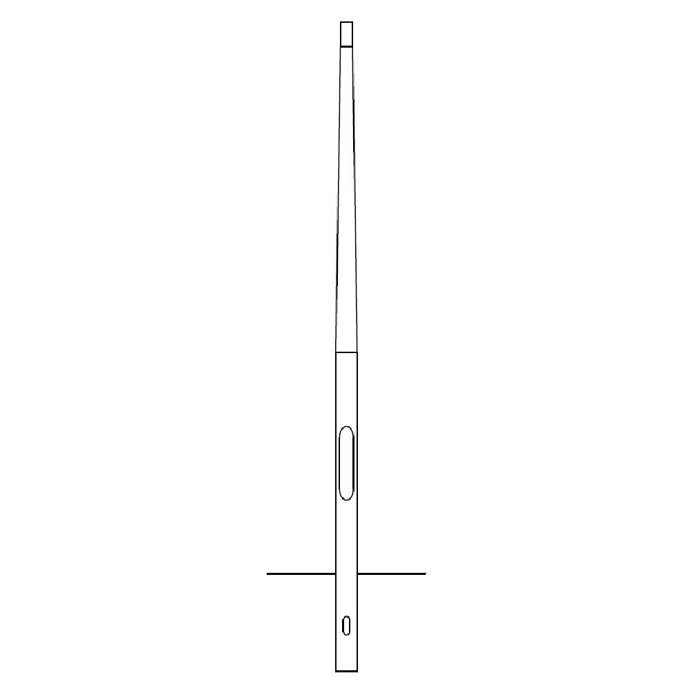 Einfache Linienzeichnung eines langen, schmalen Stifts oder Stylus, der vertikal auf weißem Hintergrund steht, mit einer Seitentaste und einer Kappe an der Spitze.