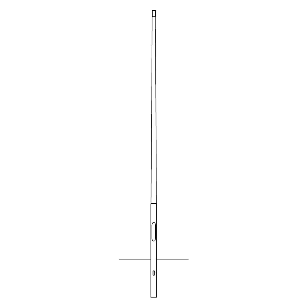 Minimale Linienzeichnung eines hohen, schmalen vertikalen Mastes oder einer Antenne mit kleiner Basis und Detailzeichnung im mittleren Bereich auf einfachem weißem Hintergrund.