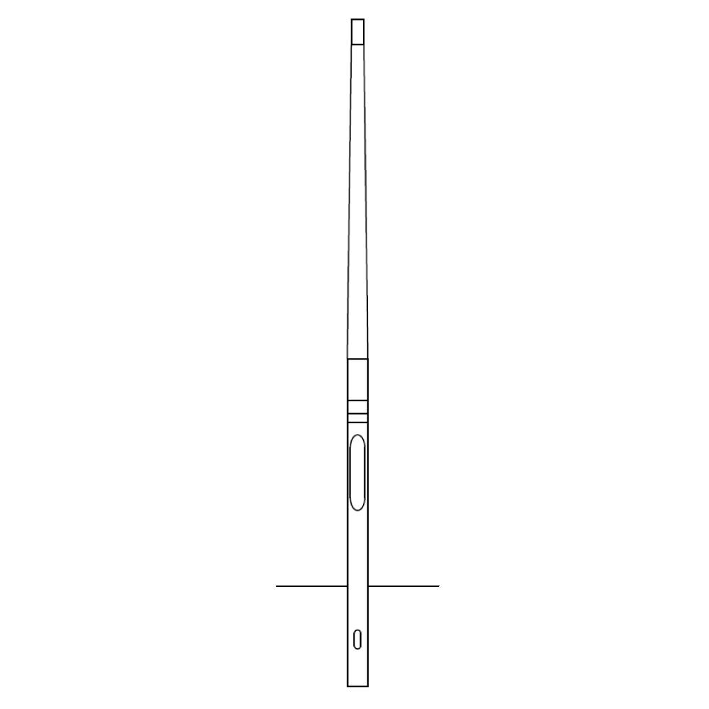 Dünnes vertikales Diagramm eines Stifts oder Stylus in der Mitte einer leeren weißen Seite, dargestellt in einfacher schwarzer Umrisslinie.
