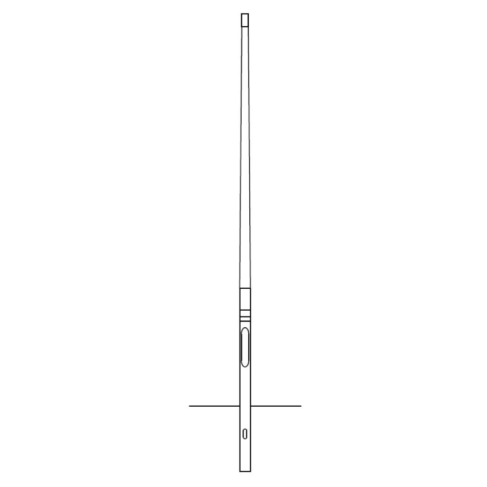 Eine einfache schwarzweiße Strichzeichnung eines langen, schmalen vertikalen Instruments mit Markierungen und einem seitlichen ovalen Detail, zentriert auf weißem Hintergrund.