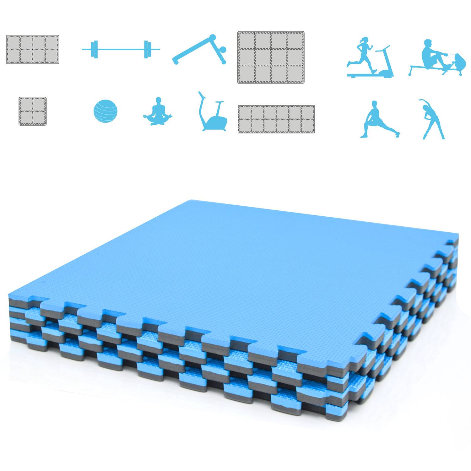 Blaue ineinandergreifende Schaumstoff-Trainingsmattenkacheln mit kleinen Symbolen, die Fitnessgeräte und Trainingsübungen darüber zeigen.