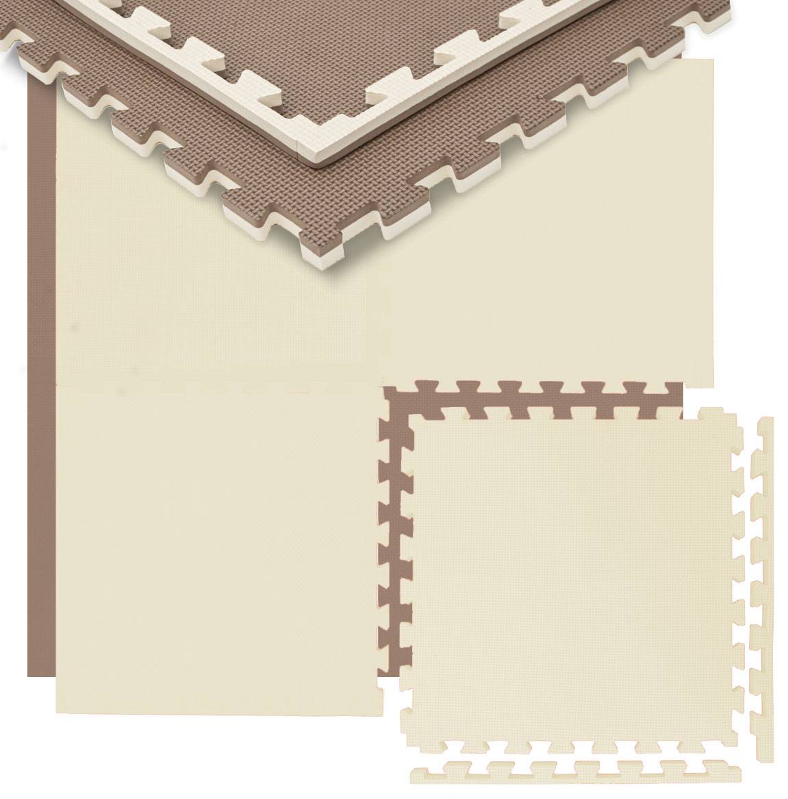 Ineinandergreifende Schaumstoff-Bodenmatte in Beige und Braun, gezeigt in überlappenden Eckstücken zur Veranschaulichung des Puzzle-Kant-Designs.