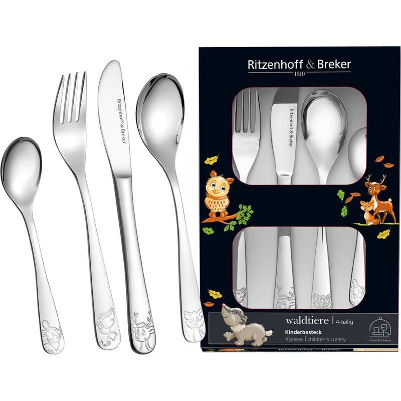 Kinderbesteck-Set umfasst eine Gabel, ein Messer, einen Löffel und einen Teelöffel, die jeweils mit Tierdesigns graviert sind. Verpackt in einer Schachtel mit Waldmotiven.