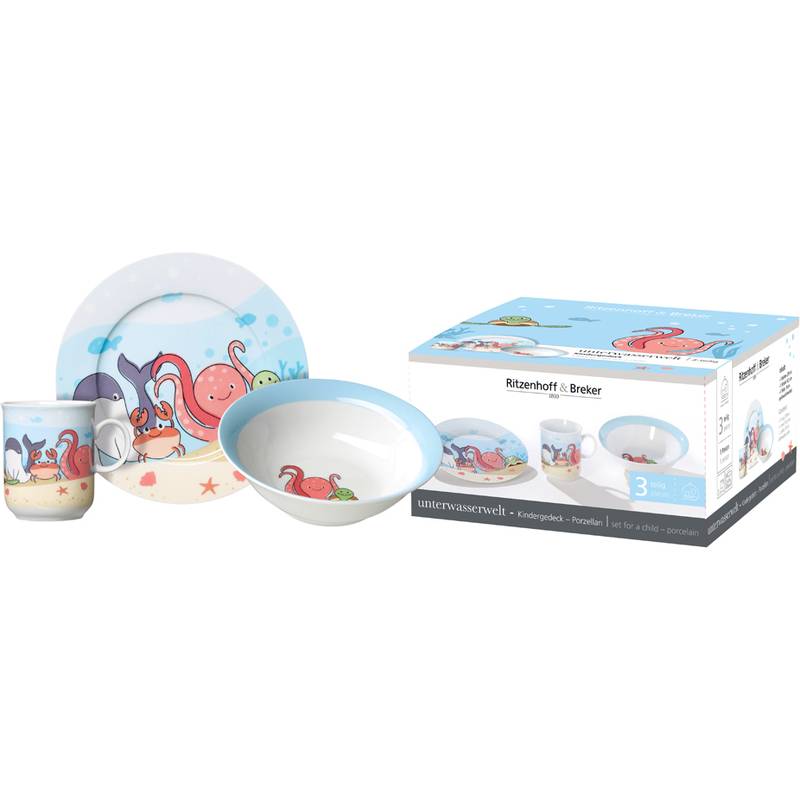 Kindergeschirr-Set mit Unterwasser-Meereskreatur-Designs, bestehend aus Teller, Schüssel, Becher und Geschenkbox-Verpackung.