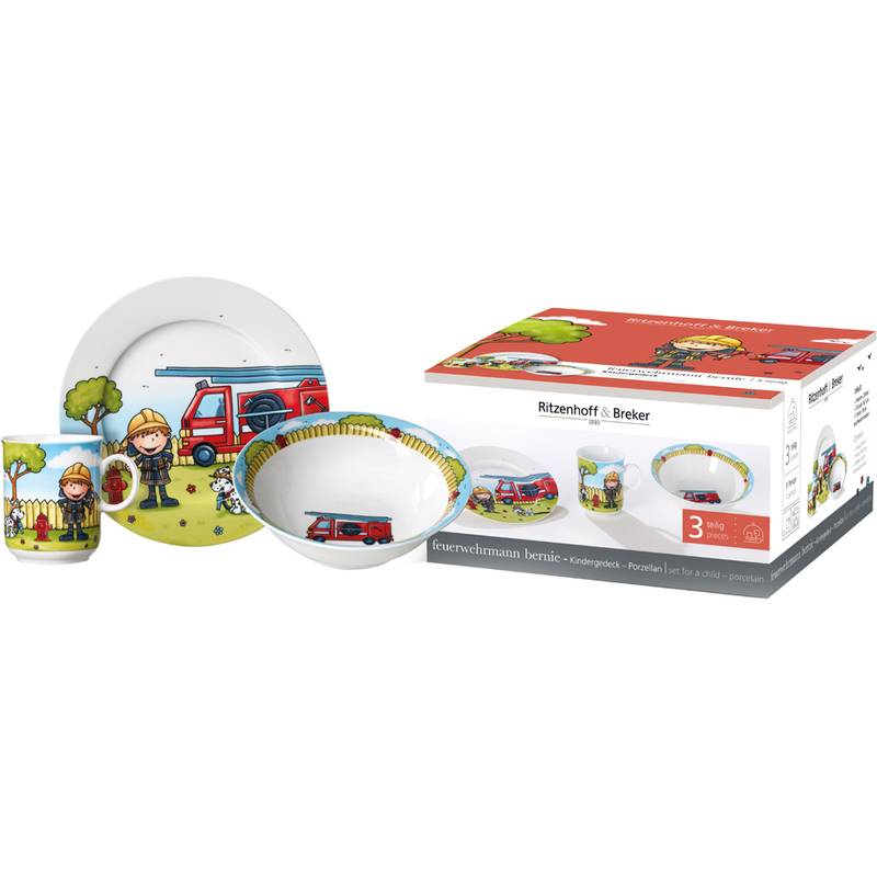 Kindergeschirr-Set mit Feuerwehrillustrationenen: Teller, Schüssel, Tasse und Becher, abgebildet mit Verpackungskarton.