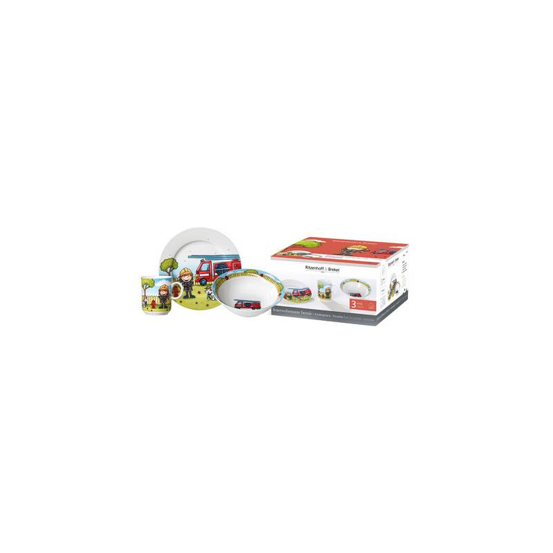 Kindergeschirr-Set mit einer Schüssel, einem Teller, einer Tasse und einer Verpackung mit bunten Farm-/Busszenen.