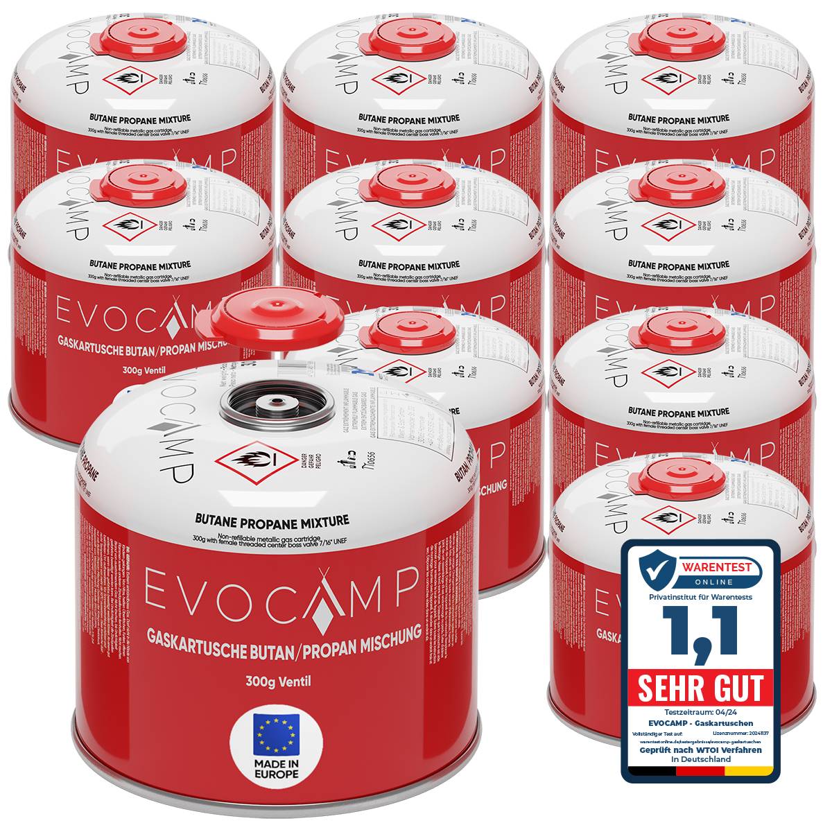 EVOCAMP 10x Propan/Butan Gaskartusche 300g - Schraubkartusche passend für Weber Q100/1200