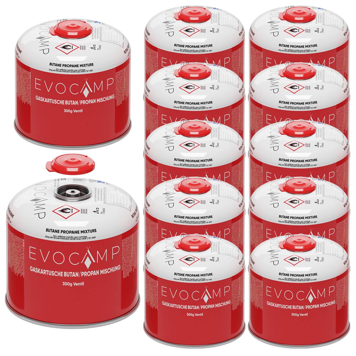 EVOCAMP 12x Propan/Butan Gaskartusche 300g - Schraubkartusche passend für Weber Q100/1200