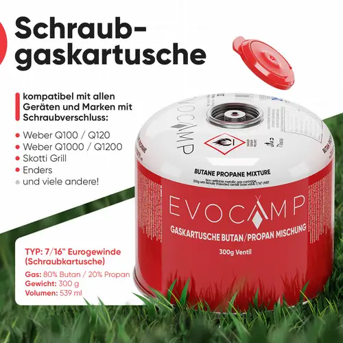 EVOCAMP 2x Propan/Butan Gaskartusche 300g - Schraubkartusche passend für Weber Q100/1200 EVOCAMP 2x Propan/Butan Gaskartusche 300g - Schraubkartusche passend für Weber Q100/1200