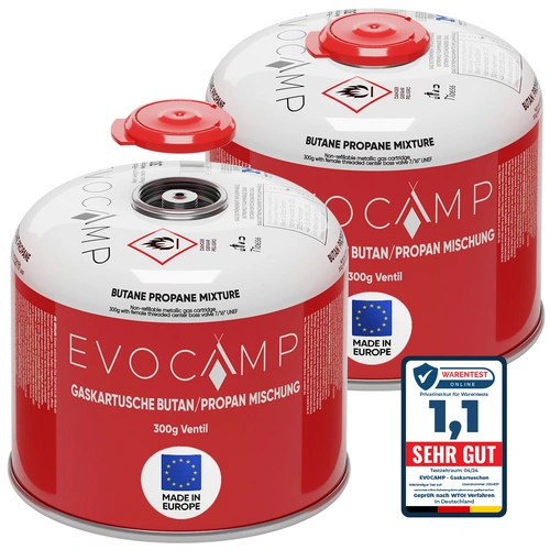 EVOCAMP 2x Propan/Butan Gaskartusche 300g - Schraubkartusche passend für Weber Q100/1200 EVOCAMP 2x Propan/Butan Gaskartusche 300g - Schraubkartusche passend für Weber Q100/1200