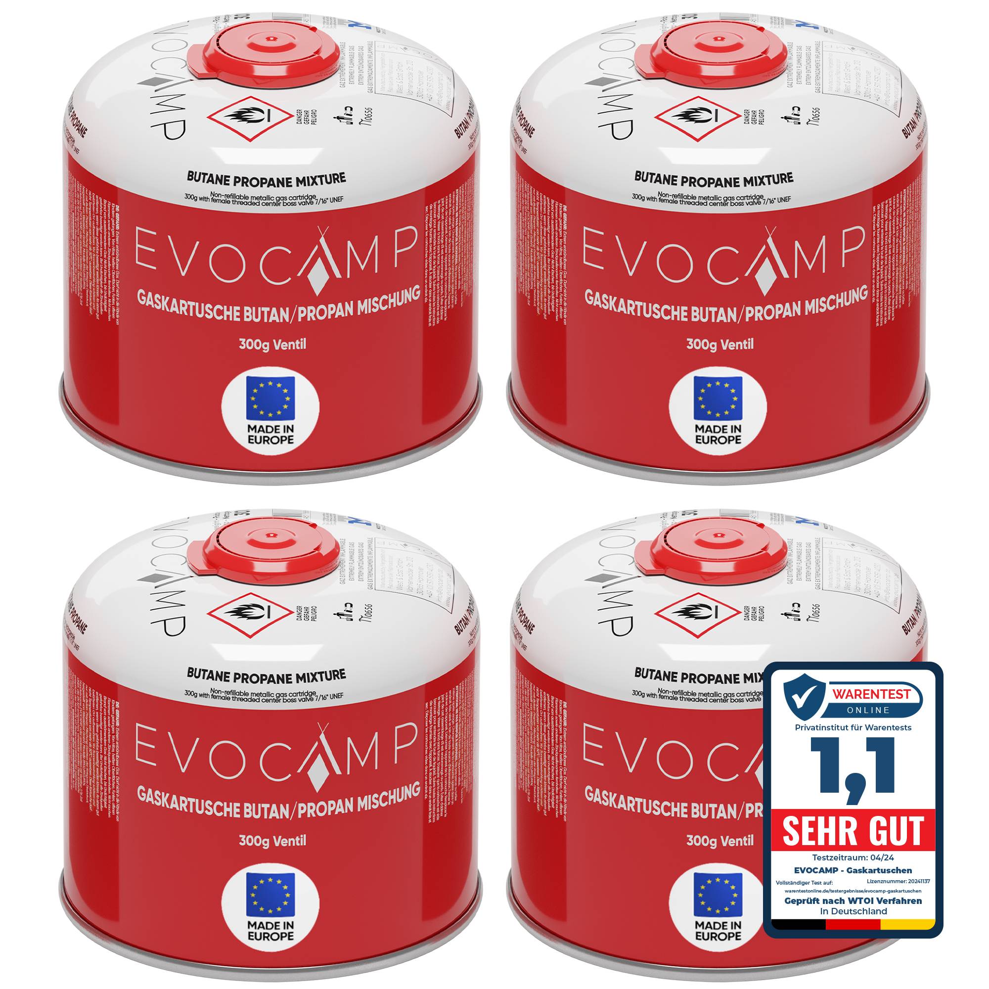 EVOCAMP 4x Propan/Butan Gaskartusche 300g - Schraubkartusche passend für Weber Q100/1200