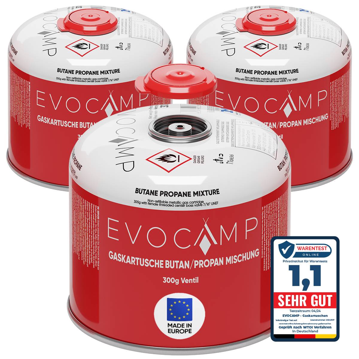 EVOCAMP 3x Propan/Butan Gaskartusche 300g - Schraubkartusche passend für Weber Q100/1200