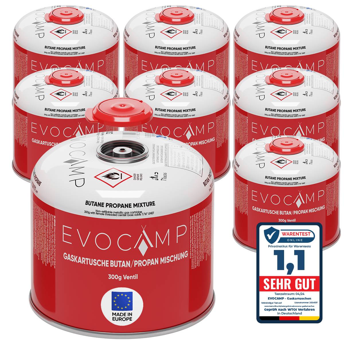 EVOCAMP 8x Propan/Butan Gaskartusche 300g - Schraubkartusche passend für Weber Q100/1200