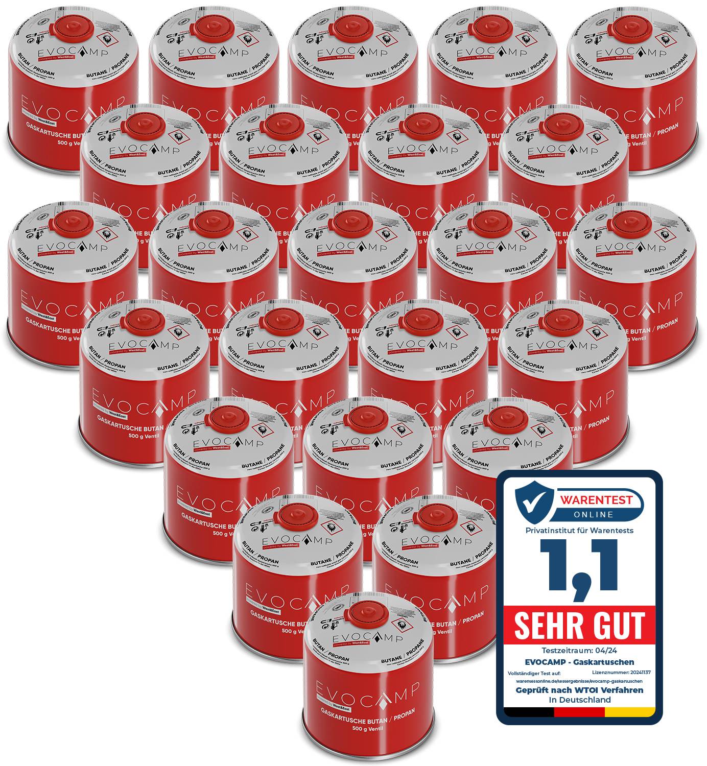 EVOCAMP 24x 500g Propan/Butan Gaskartusche mit Schraubventil - Zuverlässige Energie für Camping und Outdoor