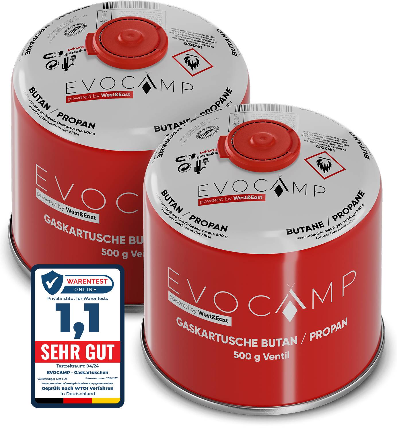 EVOCAMP 2x 500g Propan/Butan Gaskartusche mit Schraubventil - Zuverlässige Energie für Camping und Outdoor
