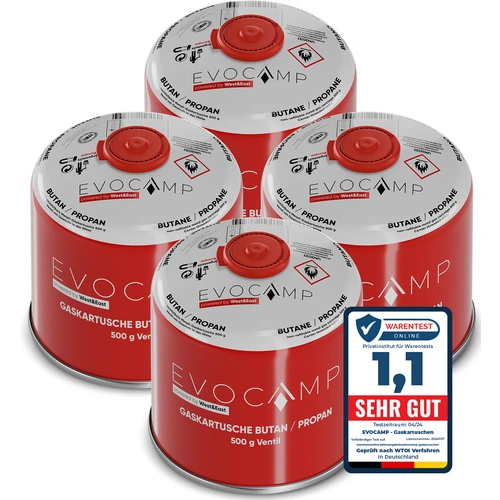 EVOCAMP 4x 500g Propan/Butan Gaskartusche mit Schraubventil - Zuverlässige Energie für Camping und Outdoor EVOCAMP 4x 500g Propan/Butan Gaskartusche mit Schraubventil - Zuverlässige Energie für Camping und Outdoor
