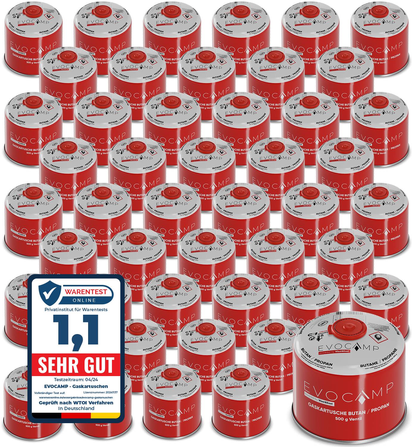 EVOCAMP 48x 500g Propan/Butan Gaskartusche mit Schraubventil - Zuverlässige Energie für Camping und Outdoor