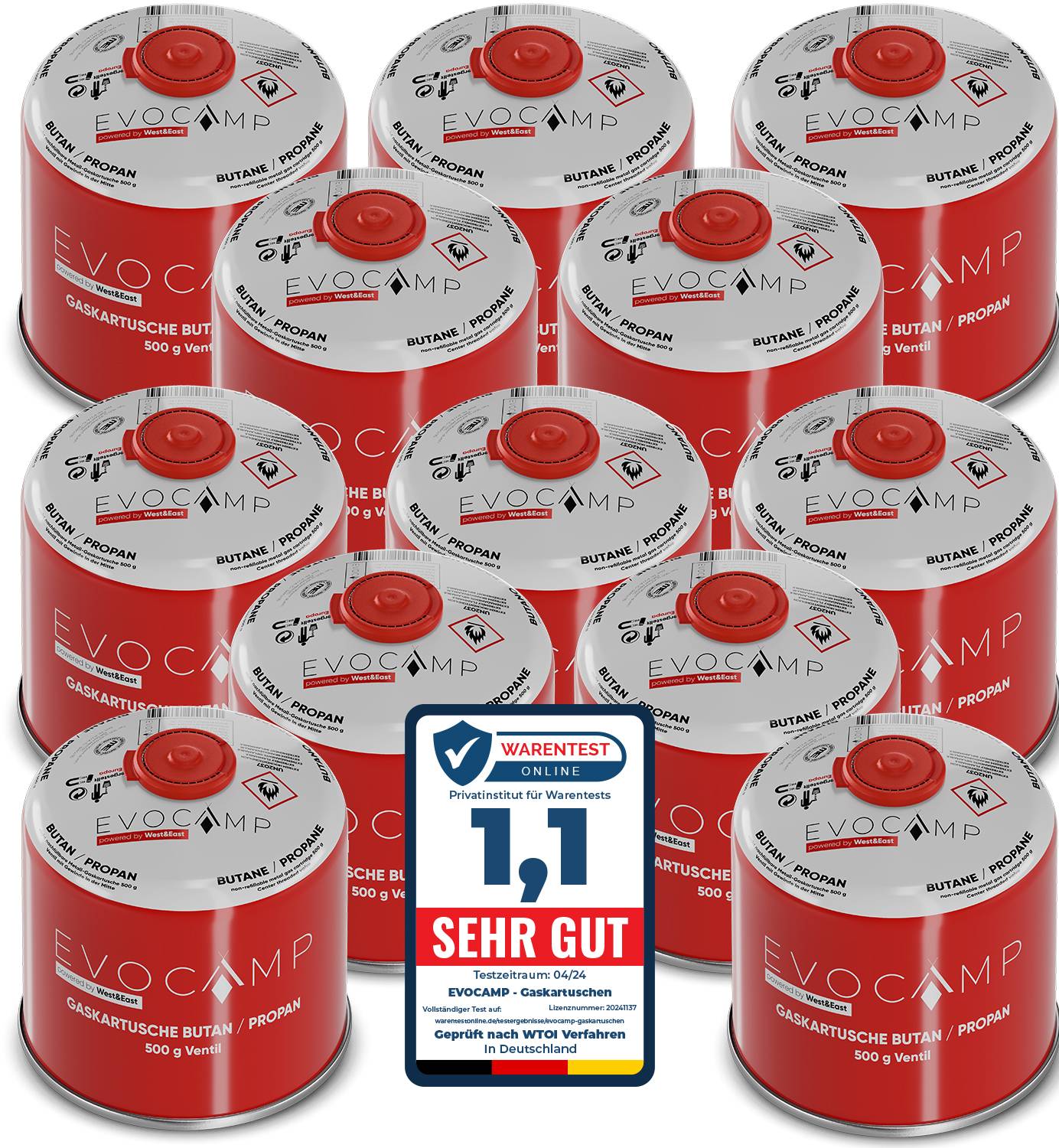 EVOCAMP 12x 500g Propan/Butan Gaskartusche mit Schraubventil - Zuverlässige Energie für Camping und Outdoor