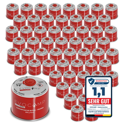 EVOCAMP 60x 500g Propan/Butan Gaskartusche mit Schraubventil - Zuverlässige Energie für Camping und Outdoor EVOCAMP 60x 500g Propan/Butan Gaskartusche mit Schraubventil - Zuverlässige Energie für Camping und Outdoor