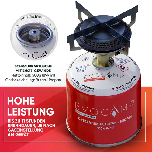 EVOCAMP 2x 500g Propan/Butan Gaskartusche mit Schraubventil - Zuverlässige Energie für Camping und Outdoor EVOCAMP 2x 500g Propan/Butan Gaskartusche mit Schraubventil - Zuverlässige Energie für Camping und Outdoor