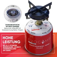 EVOCAMP 6x 500g Propan/Butan Gaskartusche mit Schraubventil - Zuverlässige Energie für Camping und Outdoor EVOCAMP 6x 500g Propan/Butan Gaskartusche mit Schraubventil - Zuverlässige Energie für Camping und Outdoor