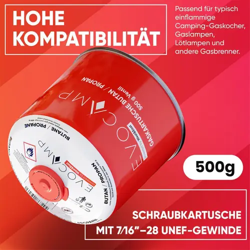 EVOCAMP 2x 500g Propan/Butan Gaskartusche mit Schraubventil - Zuverlässige Energie für Camping und Outdoor EVOCAMP 2x 500g Propan/Butan Gaskartusche mit Schraubventil - Zuverlässige Energie für Camping und Outdoor