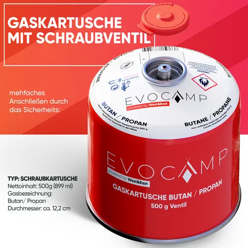 EVOCAMP 2x 500g Propan/Butan Gaskartusche mit Schraubventil - Zuverlässige Energie für Camping und Outdoor EVOCAMP 2x 500g Propan/Butan Gaskartusche mit Schraubventil - Zuverlässige Energie für Camping und Outdoor