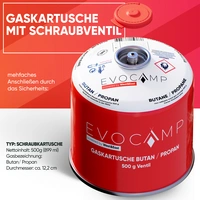 EVOCAMP 6x 500g Propan/Butan Gaskartusche mit Schraubventil - Zuverlässige Energie für Camping und Outdoor EVOCAMP 6x 500g Propan/Butan Gaskartusche mit Schraubventil - Zuverlässige Energie für Camping und Outdoor