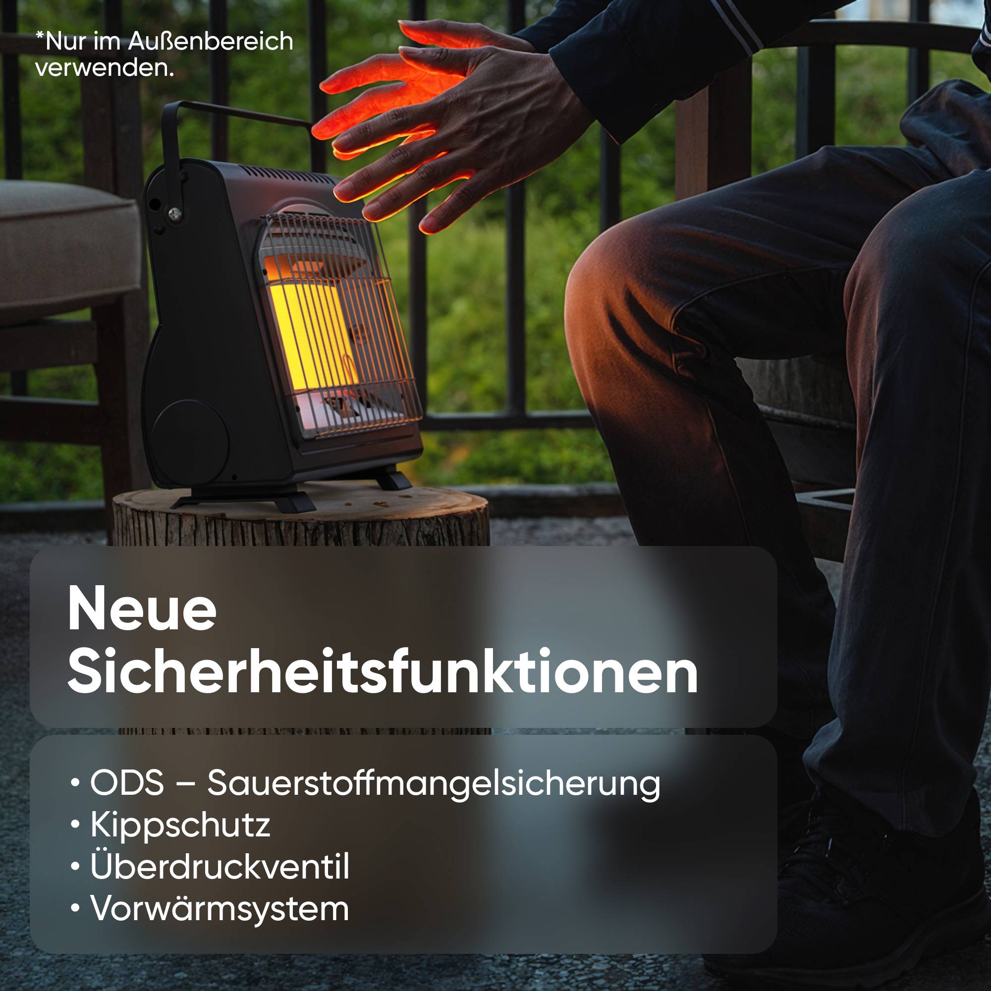 EVOCAMP Mobile Gasheizung für Innenräume und Zelte, 1,7 kW Leistung, Piezo-Zünder, Sauerstoffmangelsicherung und Kippschutz