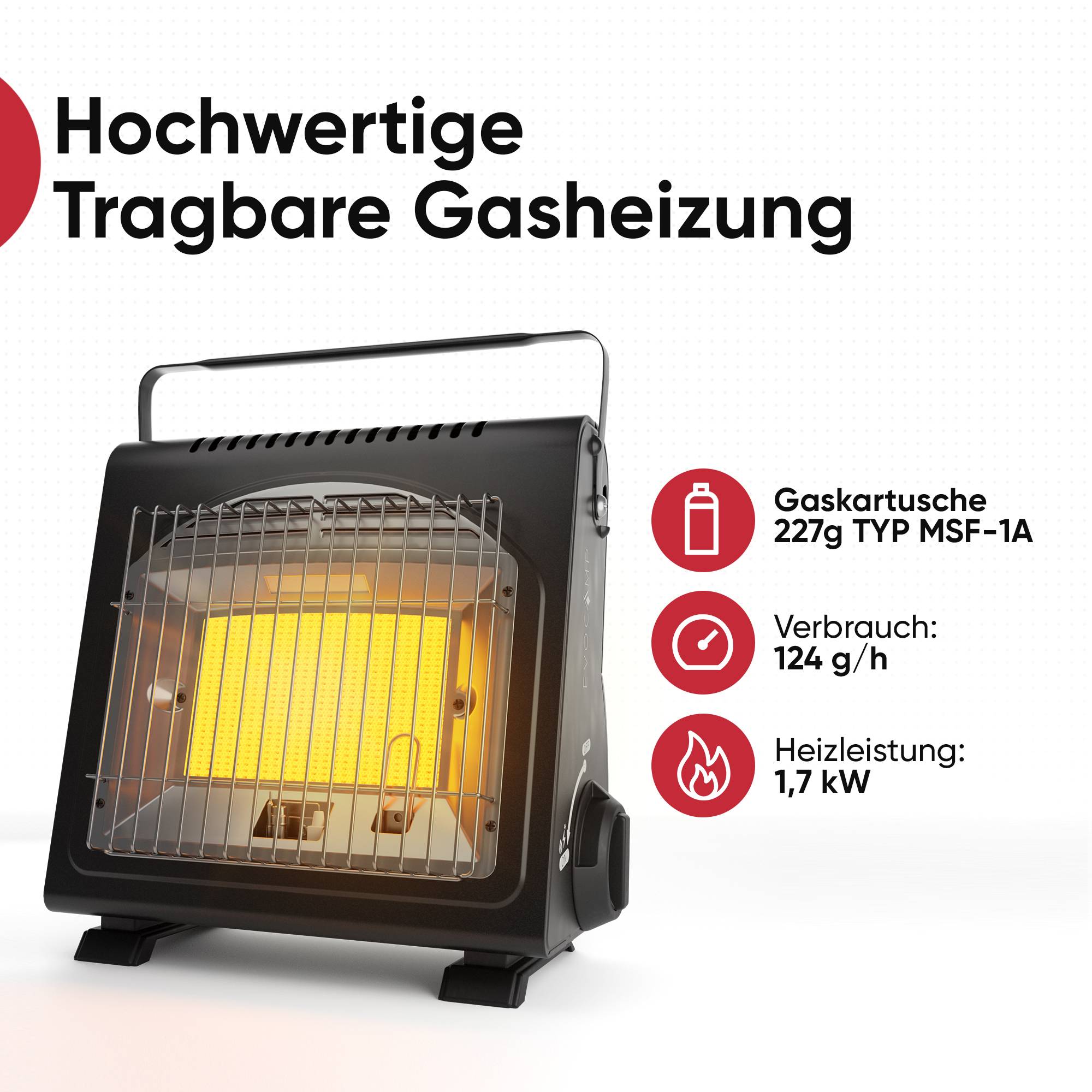 EVOCAMP Mobile Gasheizung für Innenräume und Zelte, 1,7 kW Leistung, Piezo-Zünder, Sauerstoffmangelsicherung und Kippschutz