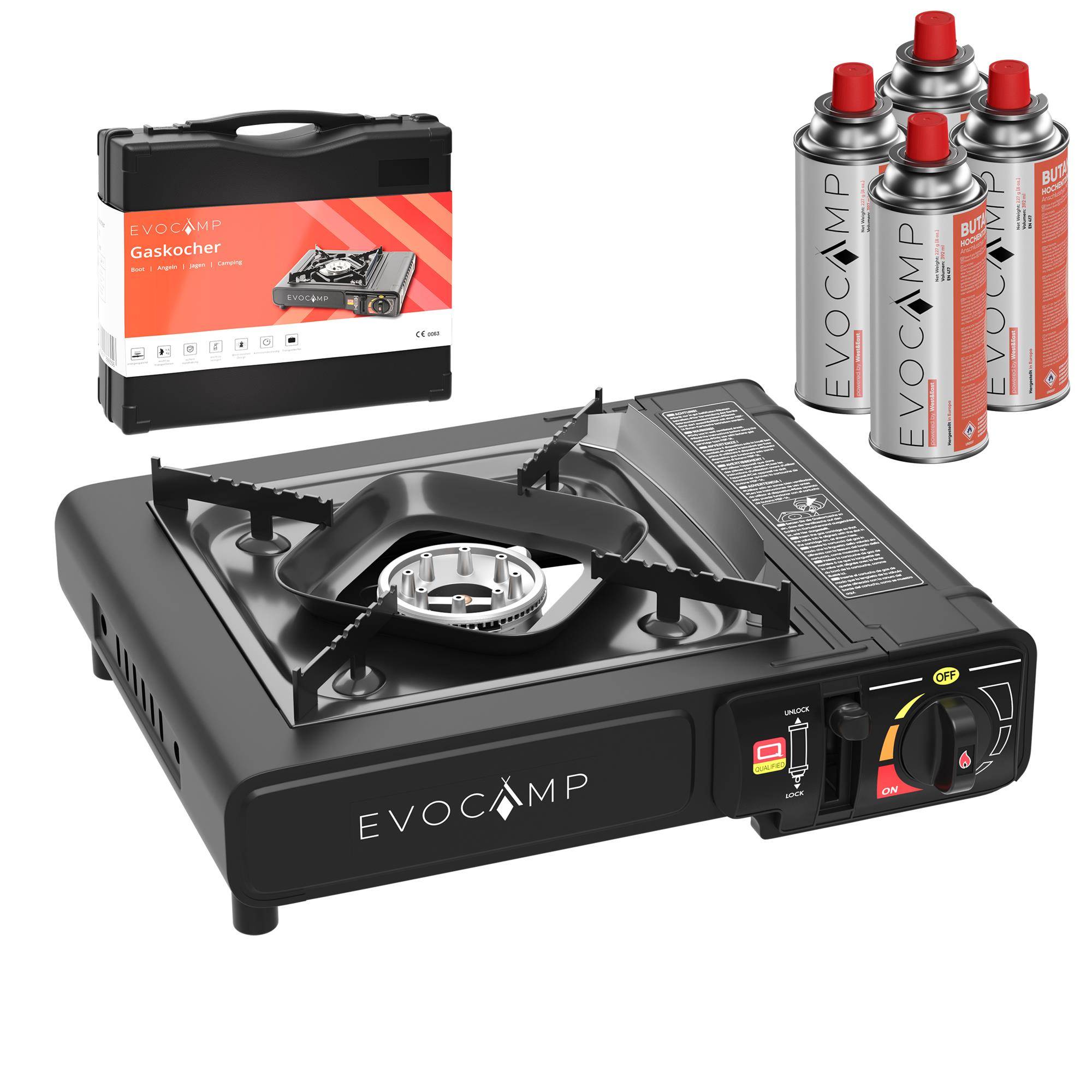 EVOCAMP Gaskocher 1-flammig inkl. Transportkoffer mit 4 227g Gaskartuschen