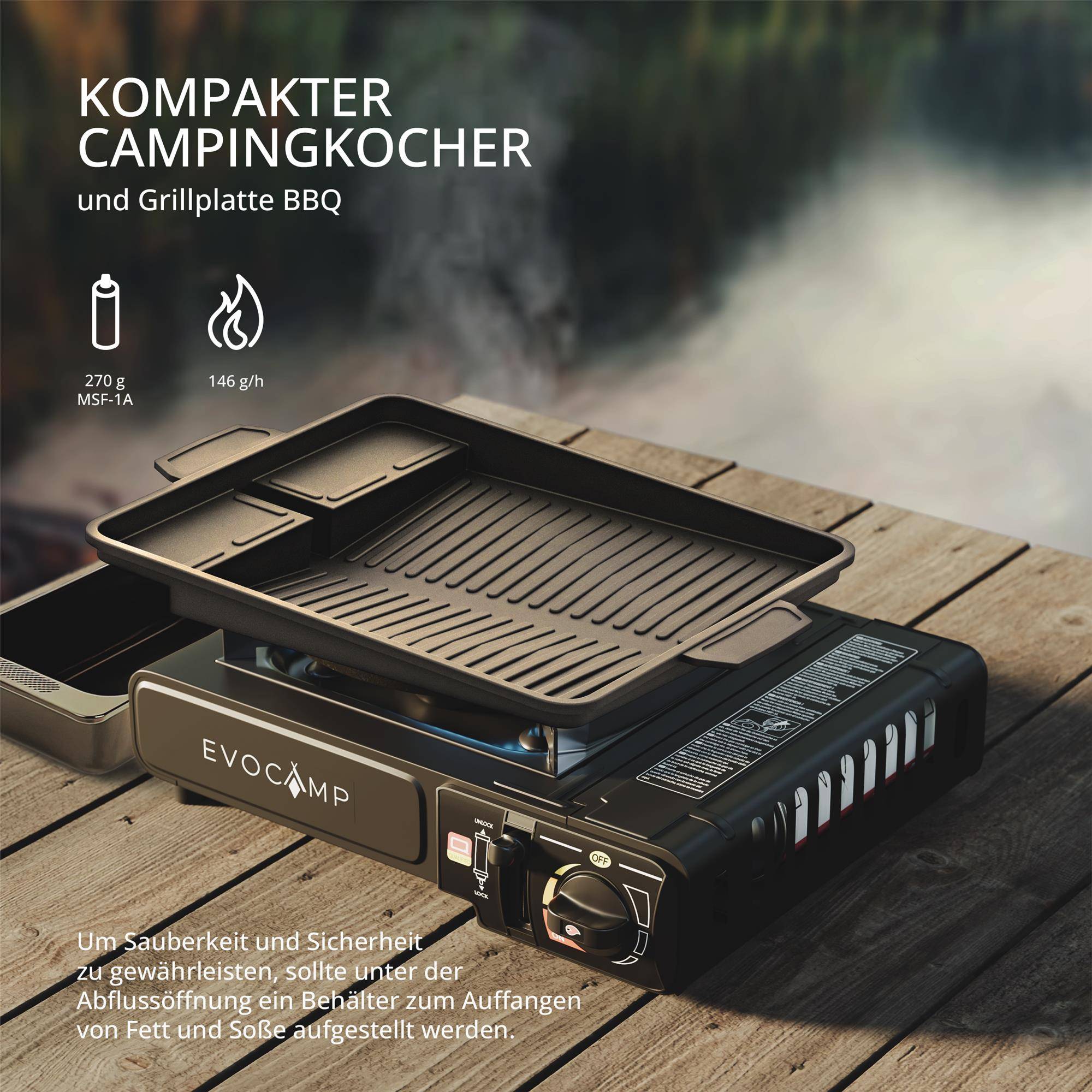 EVOCAMP Gaskocher 1-flammig für 227g Gaskartuschen mit BBQ Grillplatte 38 cm inkl. Transportkoffer