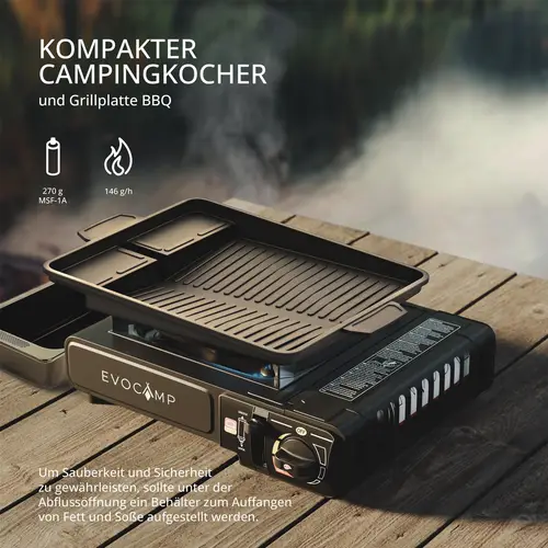 EVOCAMP Gaskocher 1-flammig für 227g Gaskartuschen mit BBQ Grillplatte 38 cm inkl. Transportkoffer EVOCAMP Gaskocher 1-flammig für 227g Gaskartuschen mit BBQ Grillplatte 38 cm inkl. Transportkoffer