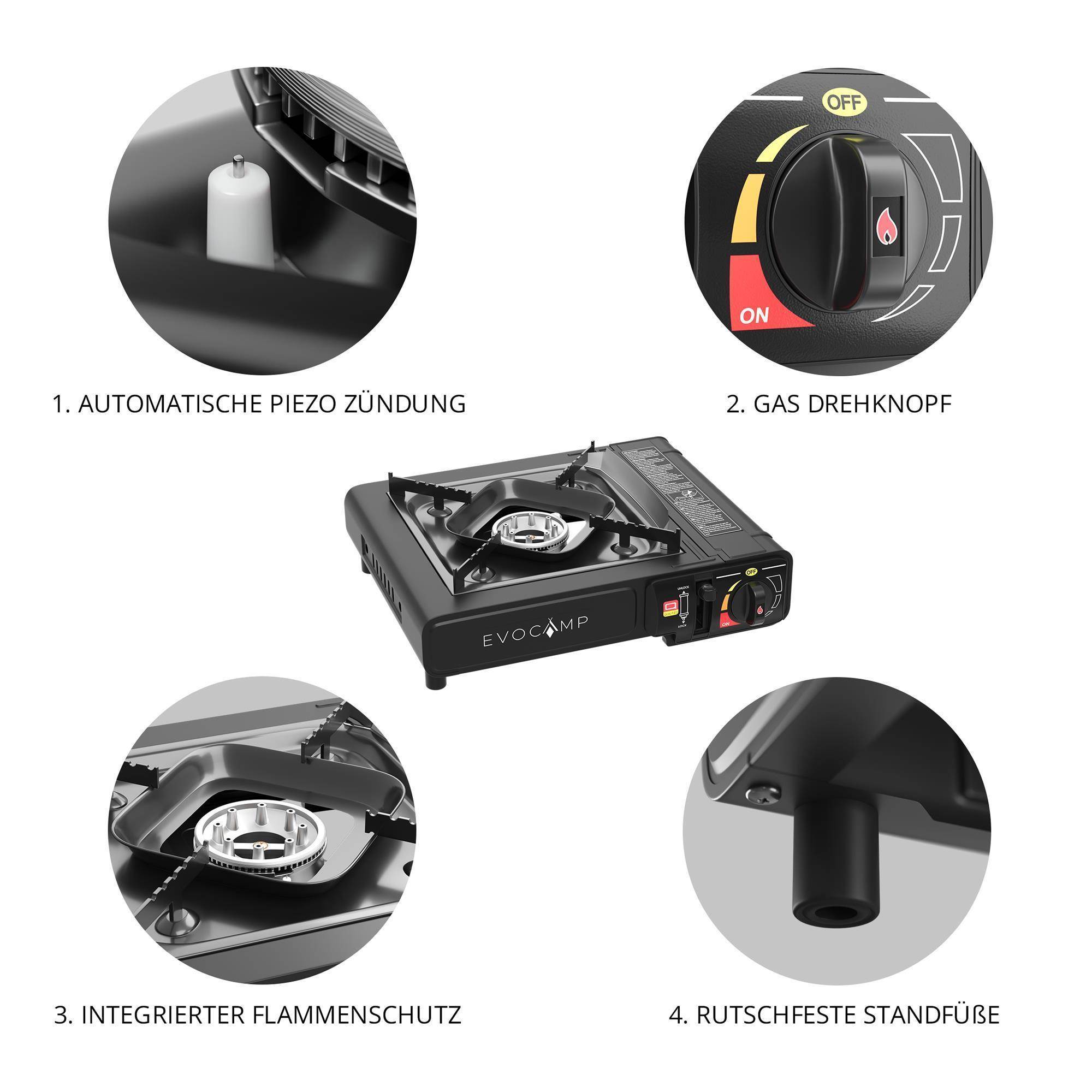 EVOCAMP Gaskocher 1-flammig für 227g Gaskartuschen mit BBQ Grillplatte 38 cm inkl. Transportkoffer