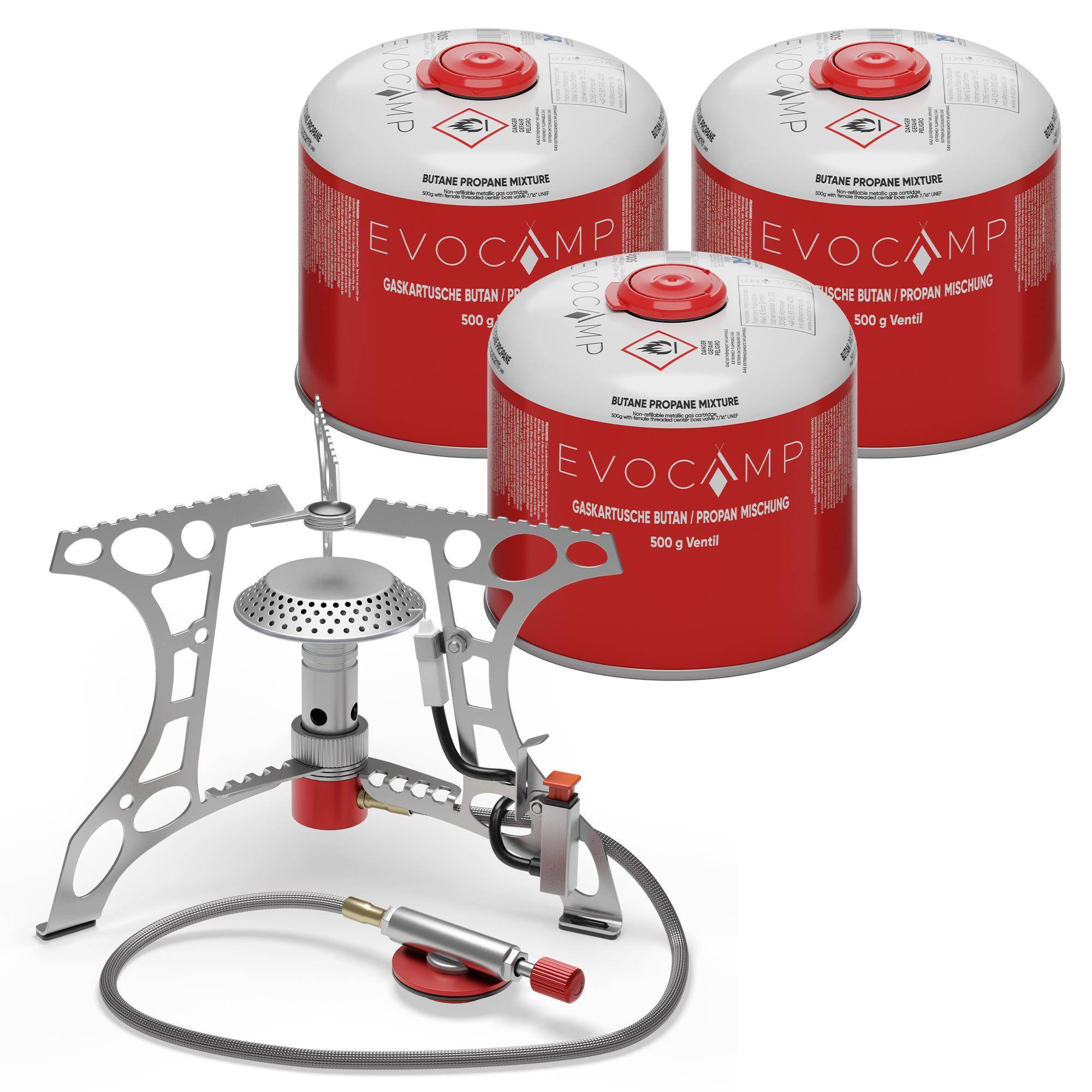 EVOCAMP kompakter Gaskocher 3.2 kW + 3 Gaskartusche 500 g mit Piezozündung, Camping Stove, Mini-Gaskocher - ideal für Camping, Angeln und Outdoor