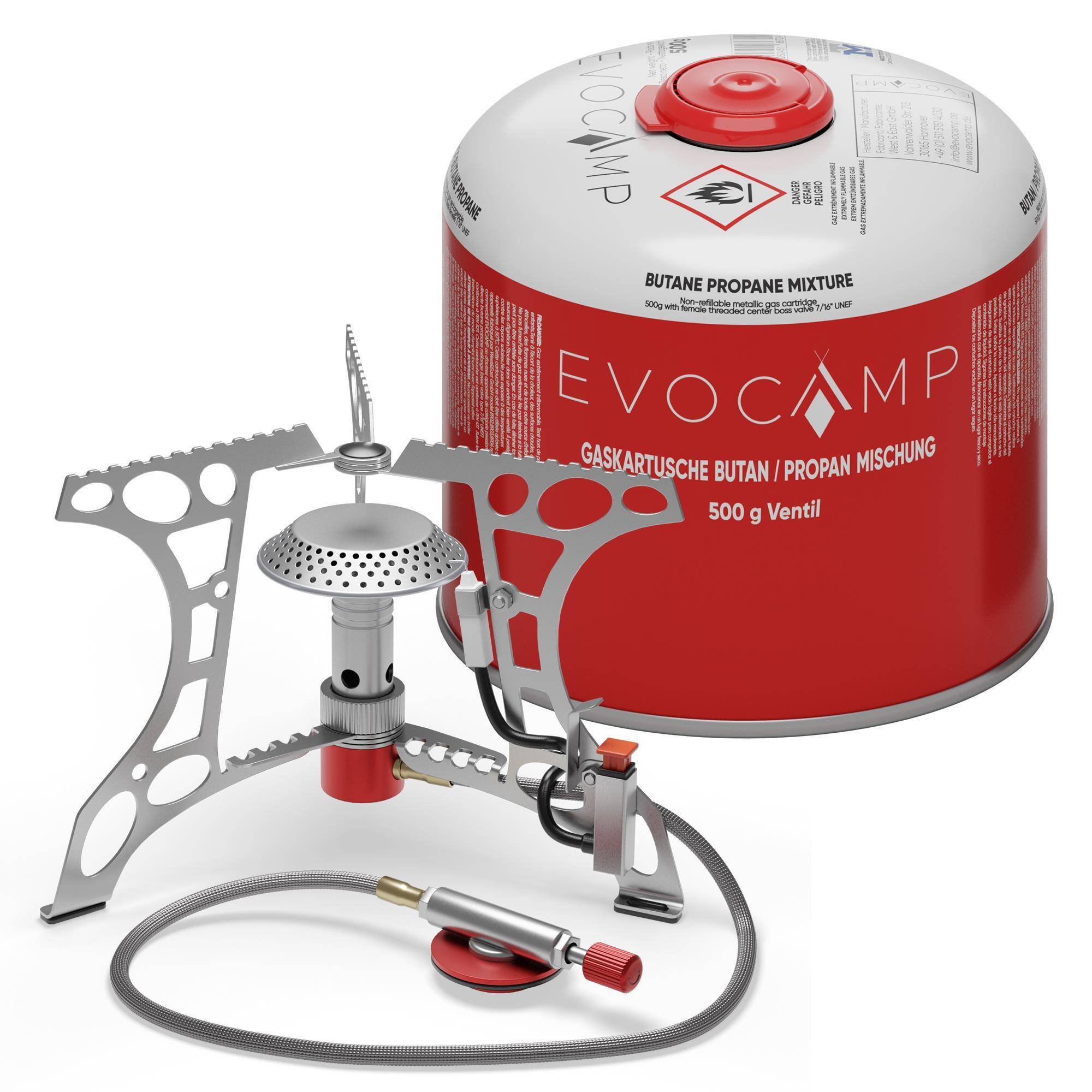 EVOCAMP kompakter Gaskocher 3.2 kW + 1 Gaskartusche 500 g mit Piezozündung, Camping Stove, Mini-Gaskocher - ideal für Camping, Angeln und Outdoor
