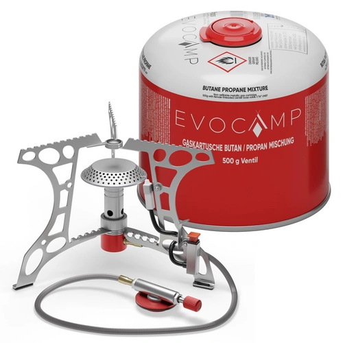 EVOCAMP kompakter Gaskocher 3.2 kW + 1 Gaskartusche 500 g mit Piezozündung, Camping Stove, Mini-Gaskocher - ideal für Camping, Angeln und Outdoor EVOCAMP kompakter Gaskocher 3.2 kW + 1 Gaskartusche 500 g mit Piezozündung, Camping Stove, Mini-Gaskocher - ideal für Camping, Angeln und Outdoor