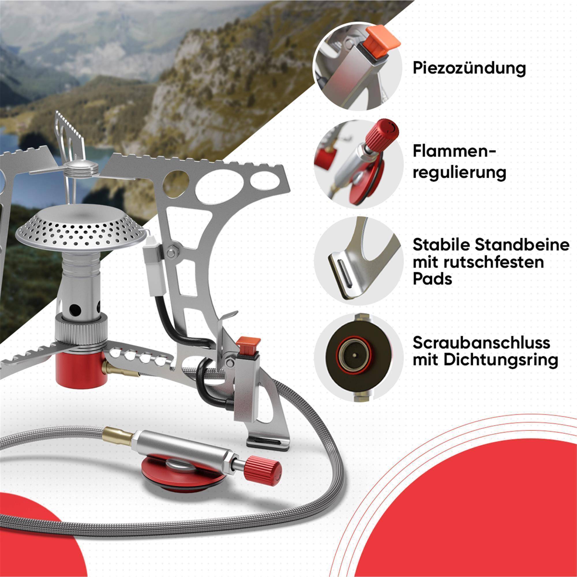 EVOCAMP kompakter Gaskocher 3.2 kW + 1 Gaskartusche 500 g mit Piezozündung, Camping Stove, Mini-Gaskocher - ideal für Camping, Angeln und Outdoor