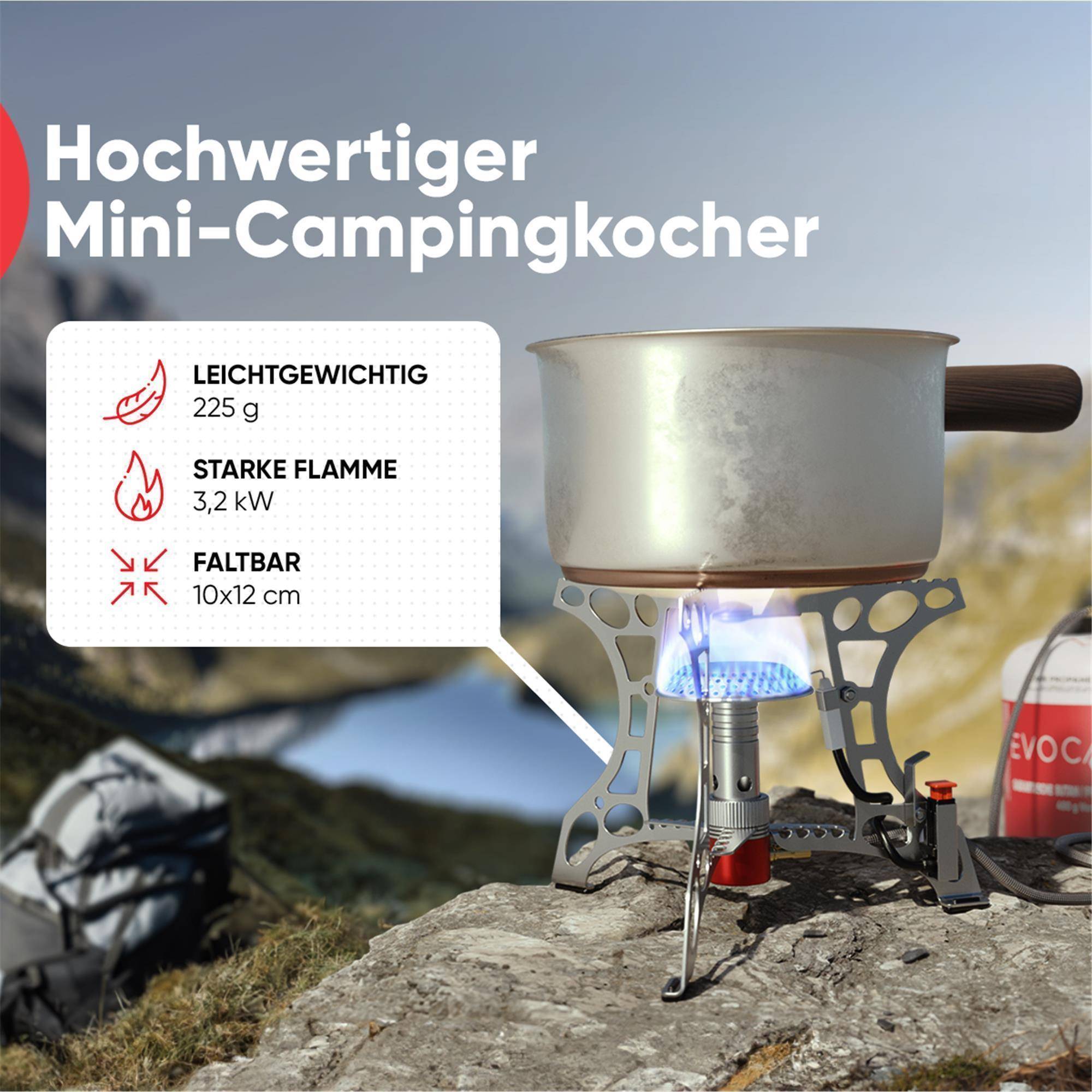 EVOCAMP kompakter Gaskocher 3.2 kW + 1 Gaskartusche 500 g mit Piezozündung, Camping Stove, Mini-Gaskocher - ideal für Camping, Angeln und Outdoor