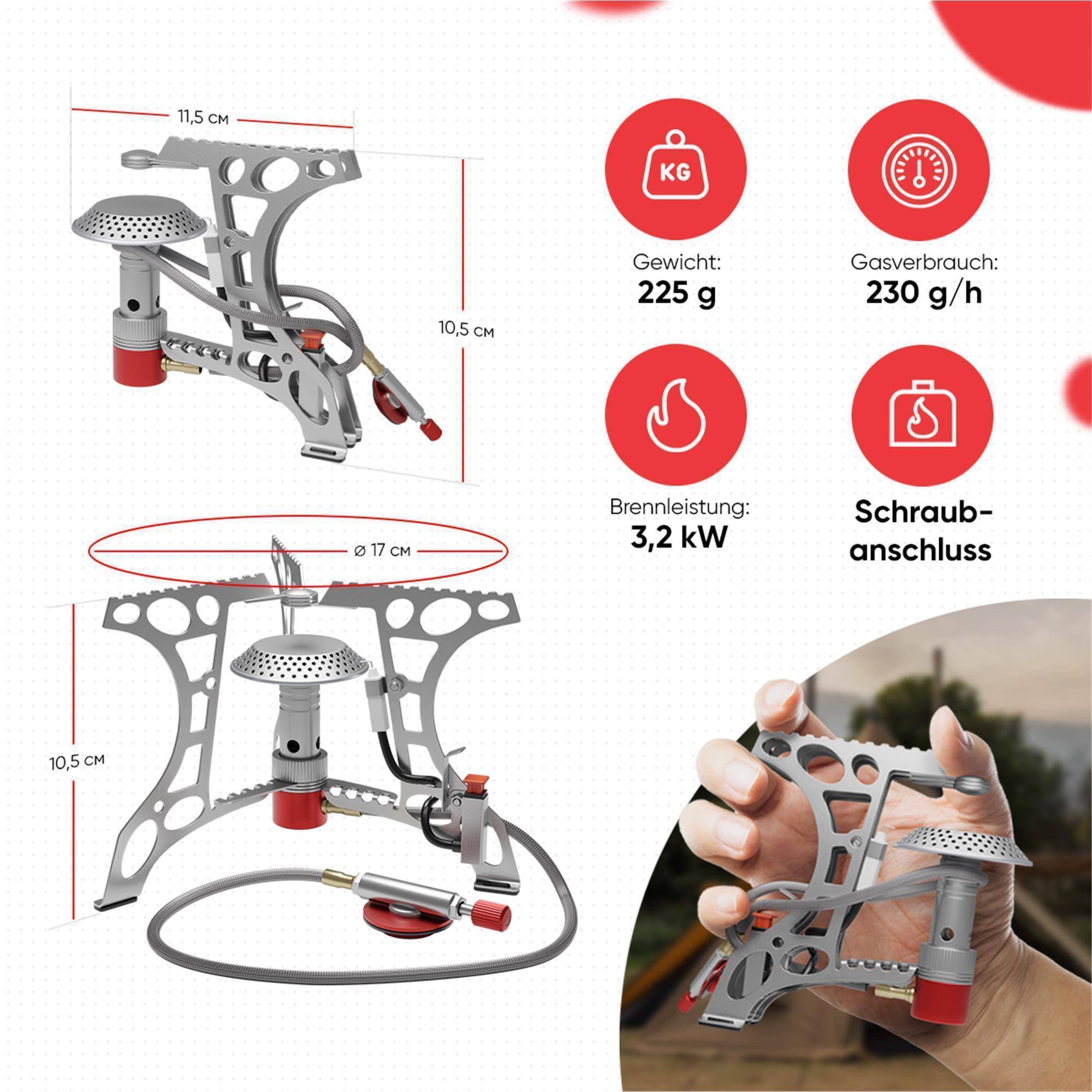 EVOCAMP kompakter Gaskocher 3.2 kW + 3 Gaskartusche 500 g mit Piezozündung, Camping Stove, Mini-Gaskocher - ideal für Camping, Angeln und Outdoor
